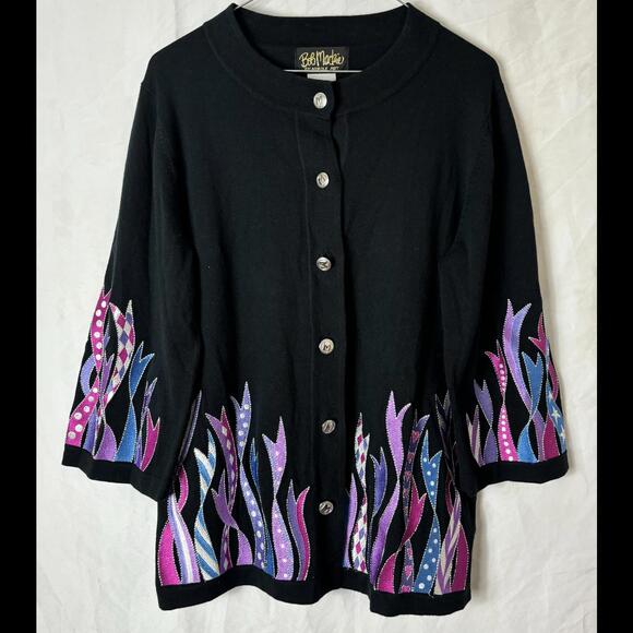 Bob Mackie Wearable Art Black Knit Cardigan with Colorful Embroidery - Size S - Picture 1 of 3